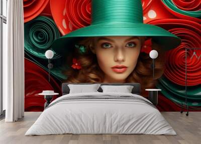 A woman with curly hair wearing a green hat and red dress stands elegantly in front of a decorative paper backdrop in vibrant red and green colors, flowers in her hair. Wall mural