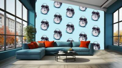 Seamless pattern of black retro alarm clocks  show 3 o'clock. Changing clock from summer time to winter time. Shifting the clock hands back in autumn. Wall mural