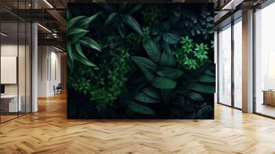 Tropical green leaf in dark tone. Generative AI. Wall mural