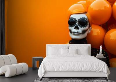 Woman with voodoo makeup and orange hair, orange balloons in the background. Happy Halloween and fashion concept. Generative AI. Wall mural