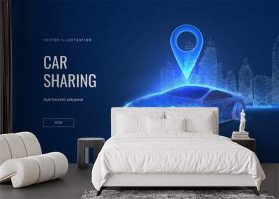 ?ar locations in the city in a digital futuristic polygonal style. Concept for car rental or carsharing or car parking. Vector illustration with light effect and neon. Wall mural