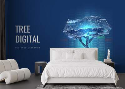 Digital tree on the background of a graph with numbers in a futuristic polygonal style. Concept of creating capital or investing or stock market. Vector illustration with light effects Wall mural