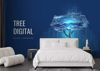 Green technology concept of digital environment in futuristic polygonal style. Glowing neon tree on the background of circuit board. Vector illustration of future tech growth and development Wall mural