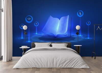 Learn online book in digital futuristic style. Infographics and book, the concept of new technologies in e-education or e-book. Vector illustration on a dark night background Wall mural