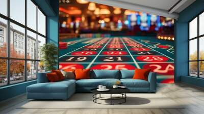 A detailed view of a casino roulette table, showcasing the numbered layout and betting options. The image highlights the classic design of the table used in gambling and casino games Wall mural