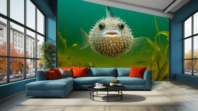 A puffer fish, blowfish or burrfish in a sea background. spiny balloonfish.  Wall mural