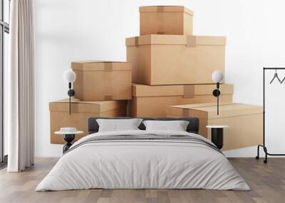 A stack of cardboard moving boxes on transparent, PNG or white background for warehouse mockup. Storage, relocation hose moving boxes, package shipping, logistic concepts. Wall mural