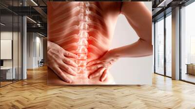 Back view of a woman with backbone pain putting his hands behind his back on white background, highlited pain area. medical Spine osteoporosis, Office syndrome, injury concepts.  Wall mural