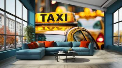 Bright yellow taxi cab in a bustling city street for urban transportation and fast-paced metropolitan life Wall mural