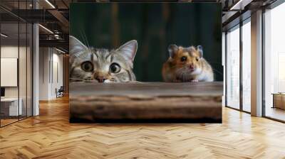 Cat & mouse looking at camera behind a table. friendship, playing, hunting, chasing, domestic animals concepts. Wall mural