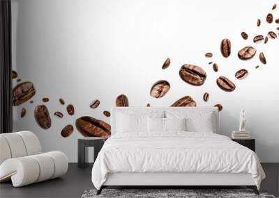 Flying or falling roasted brown caffeine coffee beans in the air isolated on a transparent (PNG) or white background. Arabian or aroma beans for hot drinks for cafe advertising, package design. Wall mural