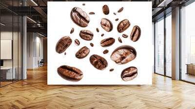 Flying or falling roasted brown caffeine coffee beans in the air isolated on a transparent (PNG) or white background. Arabian or aroma beans for hot drinks for cafe advertising, package design. Wall mural