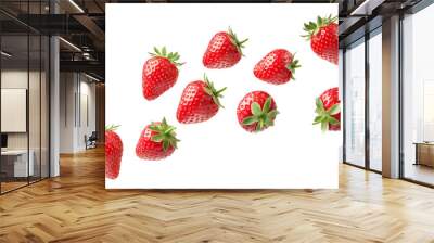 Flying or falling strawberries on transparent, PNG or white background. Fresh strawberry fruit. For food packages or Ads. Wall mural