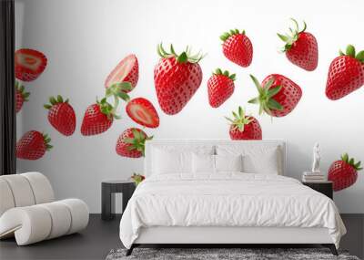 Flying or falling strawberries on transparent, PNG or white background. Fresh strawberry fruit. For food packages. Wall mural