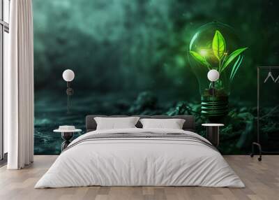 green energy light bulb with a plant and leaves on a dark background. bulb plant concept. renewable and clean energy. Ecology. Generative AI	 Wall mural