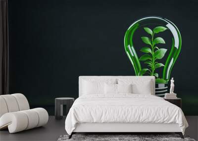 green energy light bulb with a plant and leaves on a dark background. Generative AI Wall mural