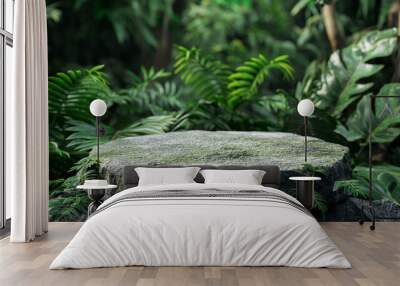 Natural stone podium in natural background with tropical forest garden or jungle. Empty showcase for packaging, organic cosmetic product presentation. Background for cosmetic products. Wall mural