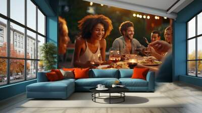 People clinking red wine glasses on rooftop dinner party - Happy friends eating meat and drinking wineglass at restaurant patio - Food and beverage lifestyle concept with guys and girls dining outdoor Wall mural