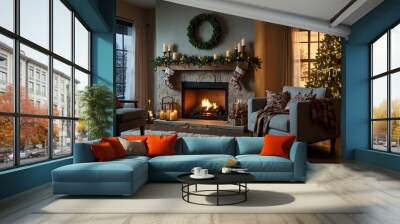  Cozy living room with a lit fireplace, a decorated Christmas tree, and two armchairs. Wall mural