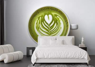 Beautifully Crafted Matcha Latte with Intricate Leaf Latte Art in a White Ceramic Cup on a Clean White Background Wall mural