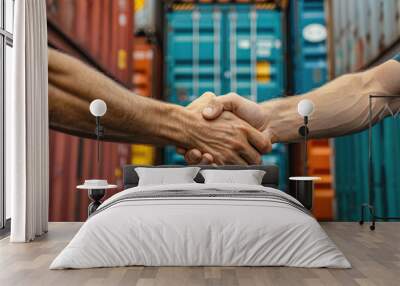 Close-Up of Business Handshake in Front of Shipping Containers Symbolizing Global Trade and Partnership Wall mural