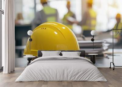 Yellow Safety Helmet on Desk in Modern Office with Engineers Collaborating in Background Wall mural