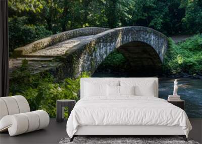 A stone arch bridge crosses a flowing river in a lush green forest. (1) Wall mural