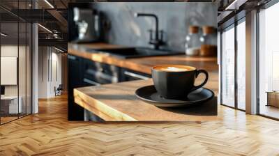 Black coffee cup and saucer on a wooden table with blurred kitchen background Wall mural