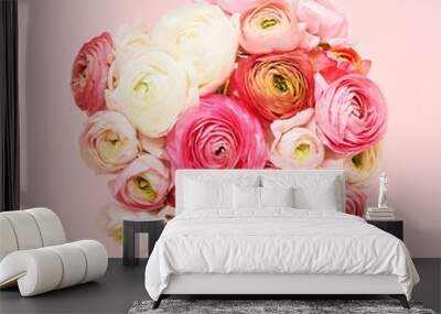 Bunch of pink ranunculus flowers on a pink background. Mothers Day, Valentines Day, birthday concept Wall mural