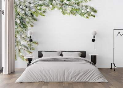 Christmas background. Christmas fir tree branches  on white wooden background. Copy space, top view, bokeh Wall mural