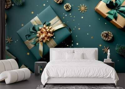 Green and gold greeting card with beautifully wrapped gift box and holiday decorations and sparkles Wall mural