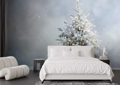 Snow-covered white Christmas tree standing alone in a serene winter background Wall mural