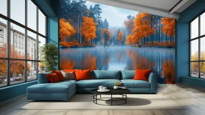 Vibrant autumn foliage reflected on a serene lake surrounded by a tranquil forest in a picturesque landscape setting Wall mural