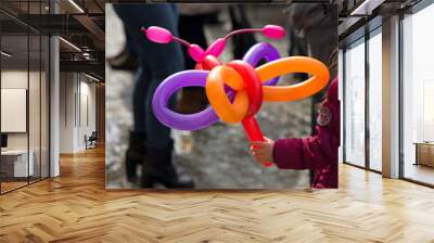 A small girl holding a balloon butterfly or dog that she got as a gift for her birthday party at a children party from clown  
 Wall mural