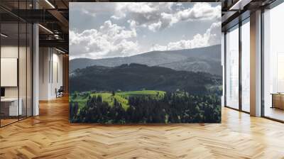 Beautiful summer mountain landscape in Apuseni mountains, Romania. Snow and wind turbines at the top of hills. Concept of green lifestyle, sustainability and energy.  Wall mural