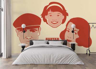 Avatar Retro Family. Cartoon faces woman, man and child retro style Wall mural