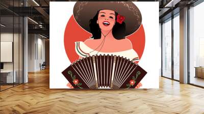 Beautiful latin girl wearing Mexican hat, singing and playing the accordion Wall mural