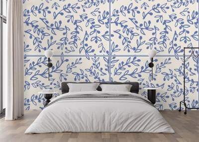 Illustrated ceramic tiles. Pattern of hand-drawn olive branches Wall mural