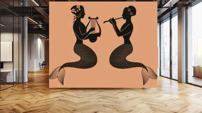 Representative figures of classical Greek ceramics. Two mermaids playing a zither and a flute. Mythological creatures with fish tails Wall mural