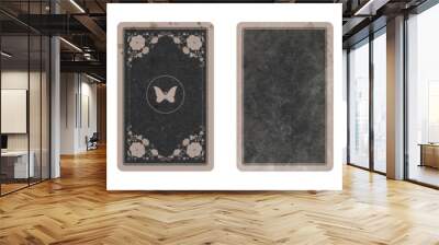 Set of three aged playing cards back with floral and esoteric designs and three faded, stained and battered blank playing cards, isolated on white background. Wall mural