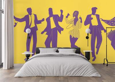 Silhouettes of people dancing new wave music wearing clothes in the style of the 80s Wall mural