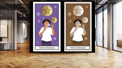 Two of pentacles. Tarot cards. Young man wearing hat, juggling two golden pentacles Wall mural