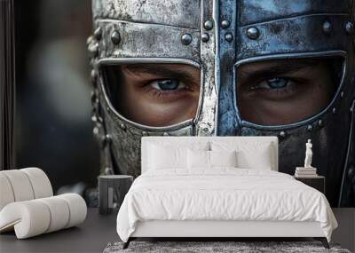 Close-up portrait of a man in a medieval steel helmet with intense gaze, rugged metal texture and detailed craftsmanship, warrior theme Wall mural