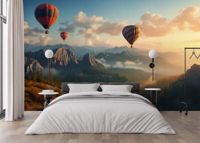 Landscape of hot air balloons flying over the mountains as sunlight is falling Wall mural