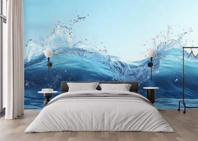 Ocean water splash with dynamic wave motion and foam against clear sky background.. Wall mural