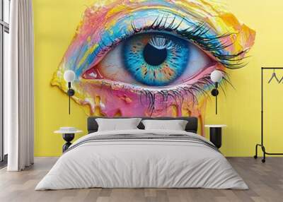 Vibrant multicolored melting eye on an isolated yellow background, surreal and abstract art, dripping paint effect, colorful eye design

 Wall mural