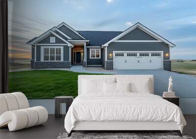 A modern residential home with a well-maintained lawn and driveway at sunset. Wall mural