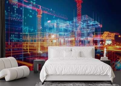 A 3D digital twin of a construction site showing real-time data integration and analytics Wall mural