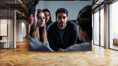 A group of friends staging an intervention, their faces serious and compassionate, trying to help someone they care about Wall mural