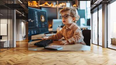 A young child dressed as a cryptocurrency advisor, explaining digital currencies to clients on a computer in a modern office Wall mural